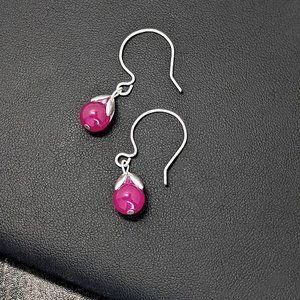 Floral Sterling Silver Filled Magenta Pink Quartz Beaded Gemstone Drop Earrings